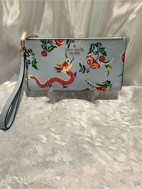 kate spade Light Blue Floral Dragon Doible Zip Wristlet Clutch with Wrist Strap